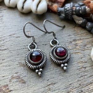 Vintage Sterling Silver 925 Garnet Gemstone Dangle Earrings - Boho Striped